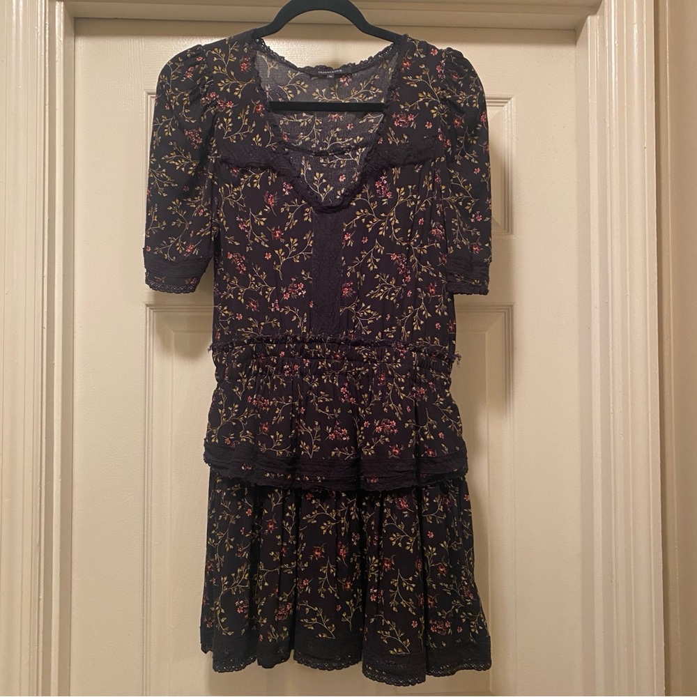 Olivaceous Black Floral Mini Dress with Lace Trim – Size M